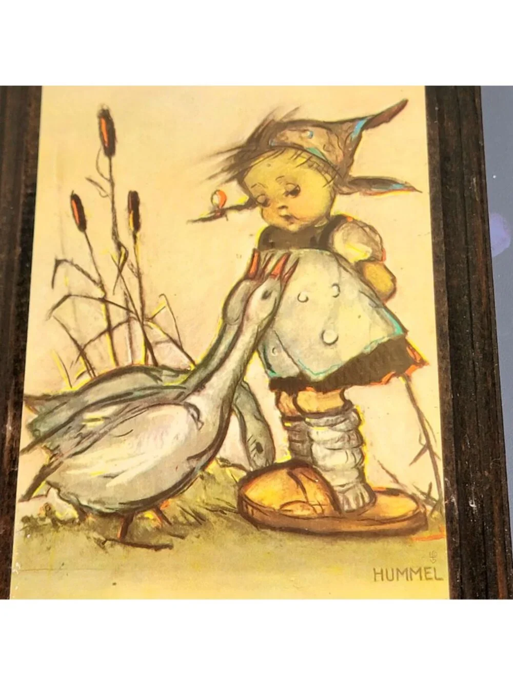 Vintage 40s Hummel Print on Wood Little Goose Girl Wall Hanging Plaque Home Deco